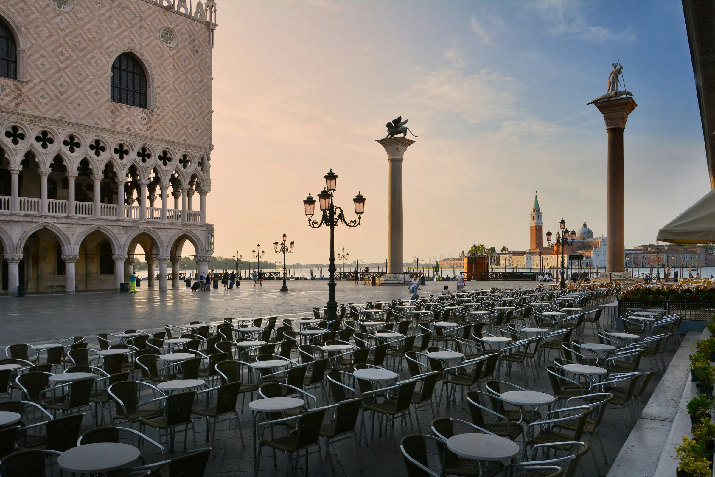 The Venetian Gothic facade of the Doge's Palace on the Piazzetta beside St Mark's Square, Venice